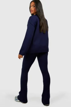 Knitted Co-Ords|Leggings*boohoo Dsgn Crew Neck Knitted Jumper And Flare Legging Set navy