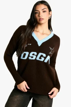 Oversized Jumpers|Jumpers*boohoo DSGN Embroidered Oversized V Neck Knitted Jumper chocolate