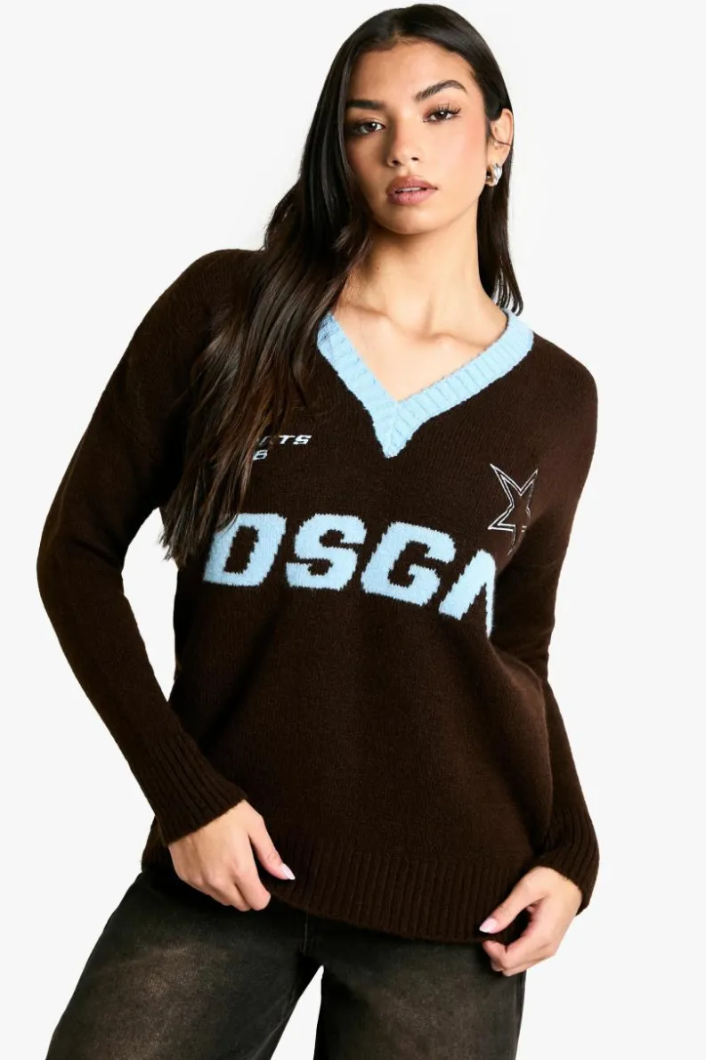 Oversized Jumpers|Jumpers*boohoo DSGN Embroidered Oversized V Neck Knitted Jumper chocolate