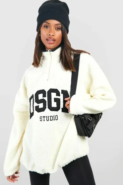 Sweatshirts|Dsgn Studio*boohoo Dsgn Studio Applique Borg Half Zip Oversized Sweatshirt cream