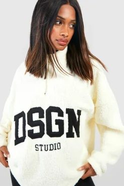 Sweatshirts|Dsgn Studio*boohoo Dsgn Studio Applique Borg Half Zip Oversized Sweatshirt cream