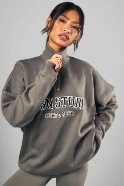 Sweatshirts|Dsgn Studio*boohoo Dsgn Studio Applique Oversized Half Zip Sweatshirt khaki