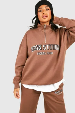 Sweatshirts|Dsgn Studio*boohoo Dsgn Studio Applique Oversized Half Zip Sweatshirt mocha