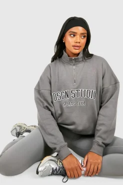 Sweatshirts|Dsgn Studio*boohoo Dsgn Studio Applique Oversized Half Zip Sweatshirt light grey