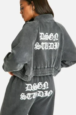 Sweatshirts|Dsgn Studio*boohoo Dsgn Studio Applique Washed Zip Through Bomber Sweatshirt charcoal