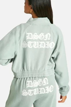 Sweatshirts|Hoodies & Sweatshirts*boohoo Dsgn Studio Applique Washed Zip Through Bomber Sweatshirt sage