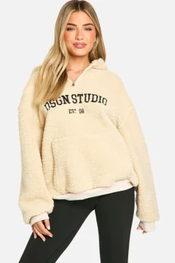 Sweatshirts|Dsgn Studio*boohoo DSGN STUDIO EMBROIDERED BORG HALF ZIP HOODIE stone