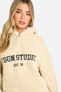 Sweatshirts|Dsgn Studio*boohoo DSGN STUDIO EMBROIDERED BORG HALF ZIP HOODIE stone