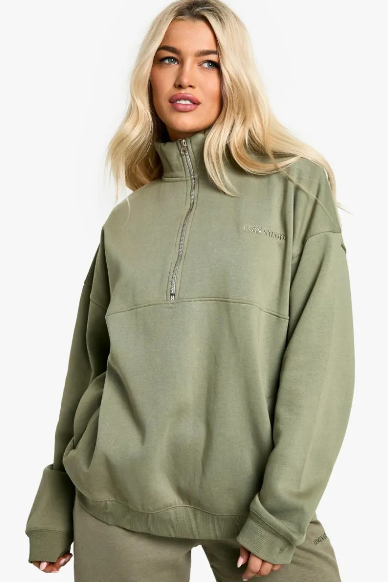 Sweatshirts|Dsgn Studio*boohoo Dsgn Studio Embroidered Half Zip Oversized Sweatshirt khaki
