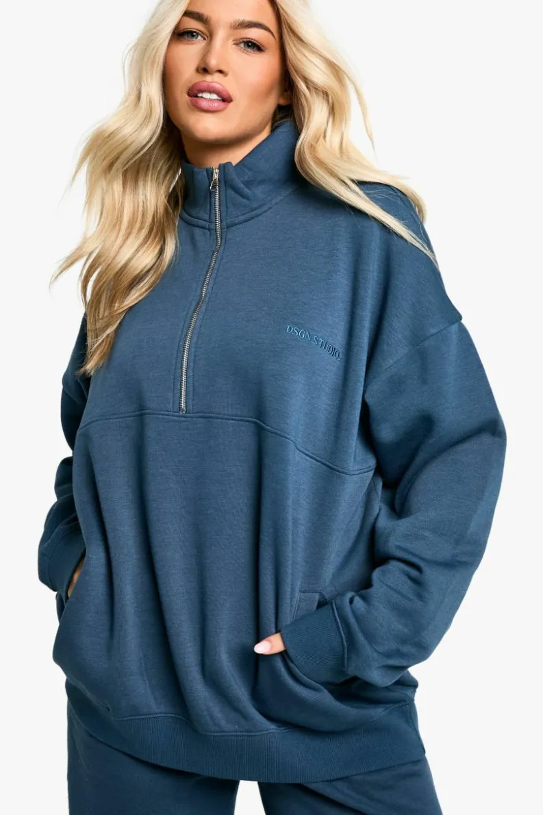 Sweatshirts|Dsgn Studio*boohoo Dsgn Studio Embroidered Half Zip Oversized Sweatshirt petrol