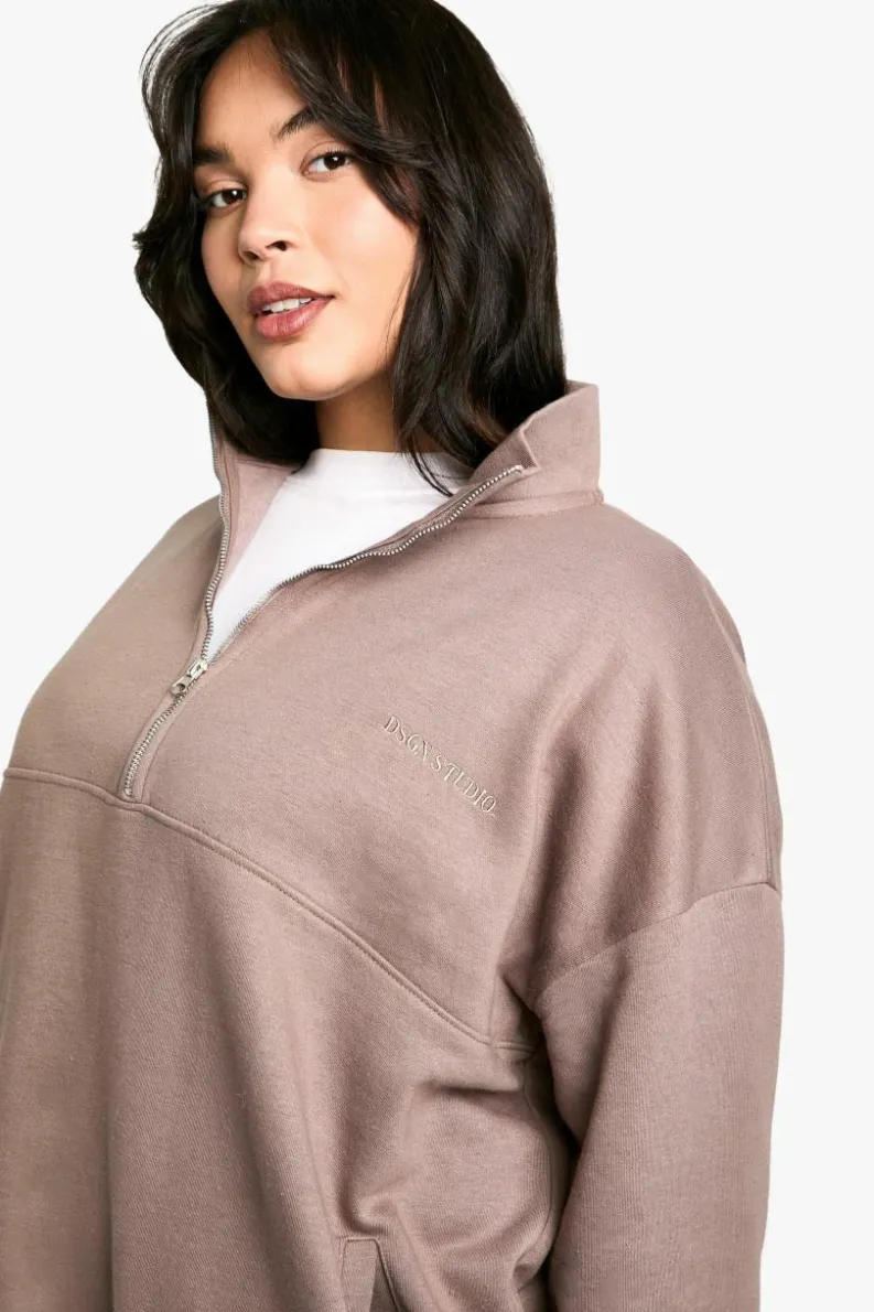 Sweatshirts|Dsgn Studio*boohoo Dsgn Studio Embroidered Half Zip Oversized Sweatshirt mocha