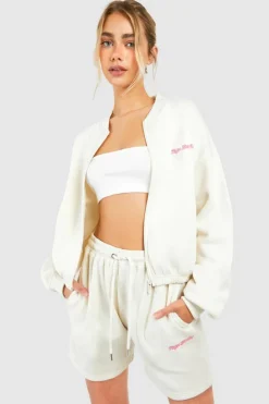 Sweatshirts|Hoodies & Sweatshirts*boohoo Dsgn Studio Script Zip Through Bomber Sweatshirt ecru