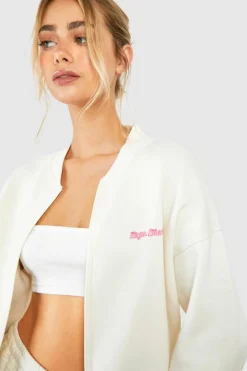 Sweatshirts|Hoodies & Sweatshirts*boohoo Dsgn Studio Script Zip Through Bomber Sweatshirt ecru