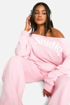 Sweatshirts|Dsgn Studio*boohoo Dsgn Studio Slogan Off The Shoulder Sweatshirt baby pink