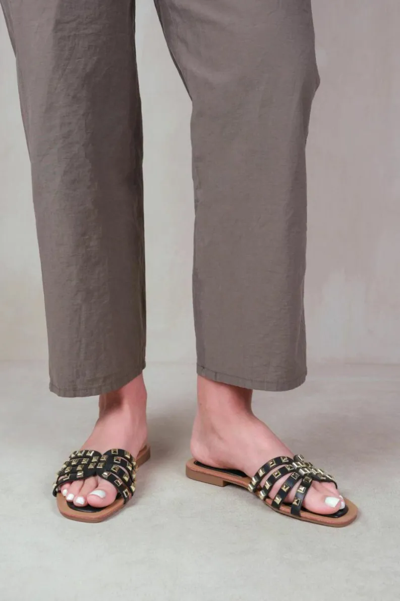 Sandals*Where's That From Edriah' Studded Gladiator Sandals With Metallic Studs Black