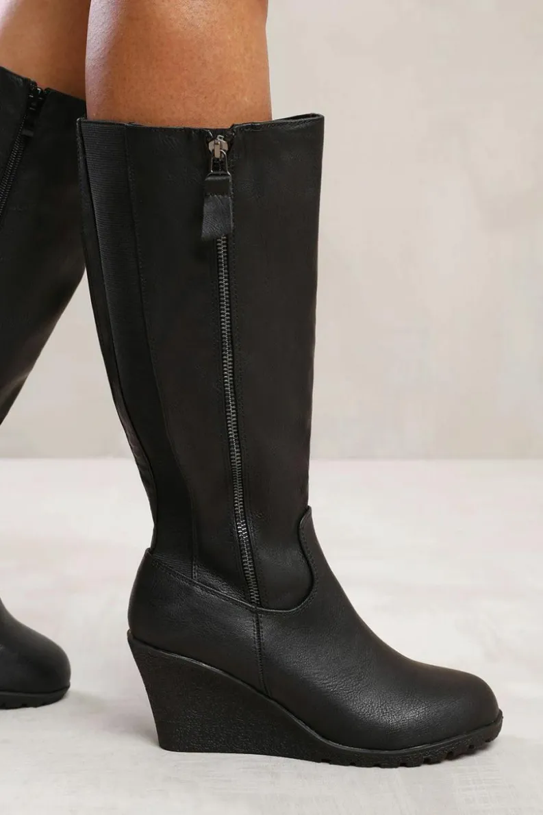 Calf High Boots|Heeled Boots*Where's That From Effie' Wedge Heel Mid Calf High Boots With Side Zip Black