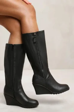 Calf High Boots|Heeled Boots*Where's That From Effie' Wedge Heel Mid Calf High Boots With Side Zip Black