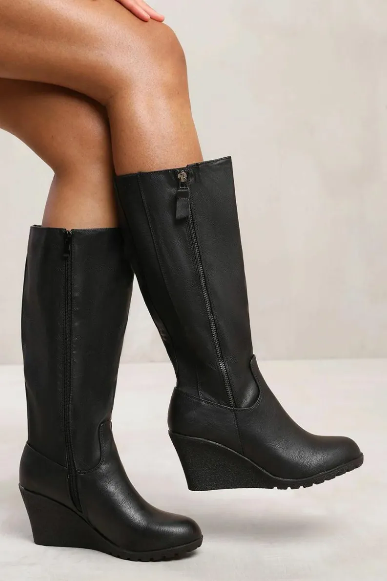 Calf High Boots|Heeled Boots*Where's That From Effie' Wedge Heel Mid Calf High Boots With Side Zip Black