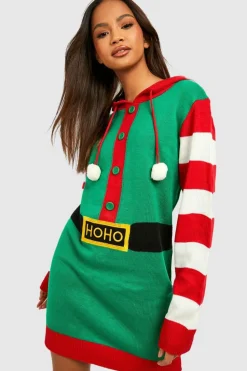 Jumper Dresses|Jumper Dresses*boohoo Elf Hooded Christmas Jumper Dress green