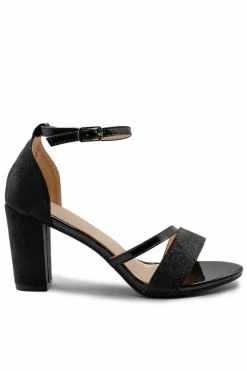 Sandals*Where's That From Ella' Mid High Block Heel Sandals With Ankle Strap Black