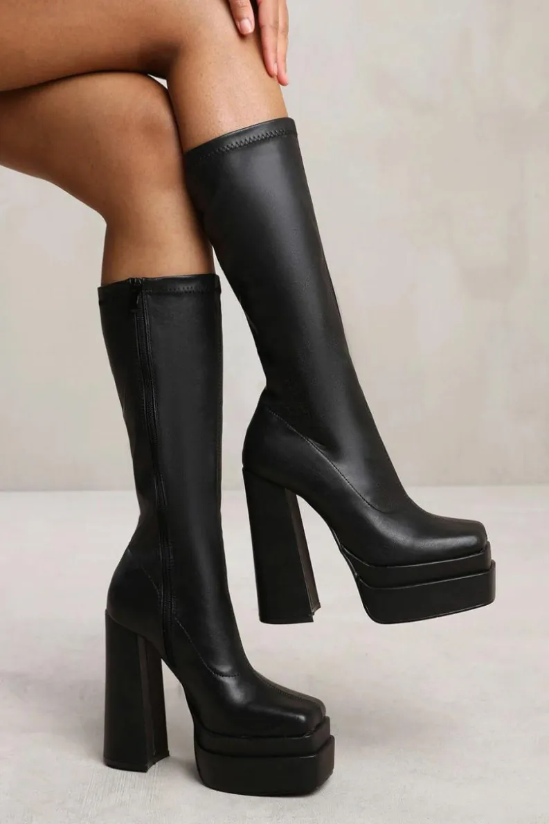 Heeled Boots*Where's That From Elsie' Below Knee Block Heel Platform Boot Black