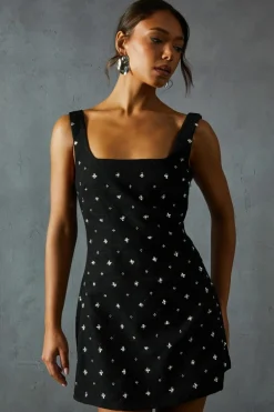 A Line Dresses*MissPap Embellished Tweed Square Neck A-line Mini Dress black
