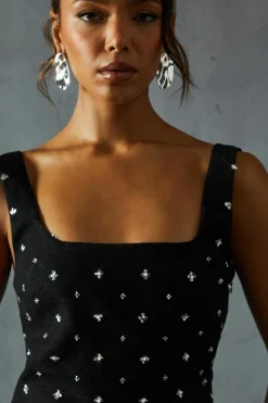 A Line Dresses*MissPap Embellished Tweed Square Neck A-line Mini Dress black