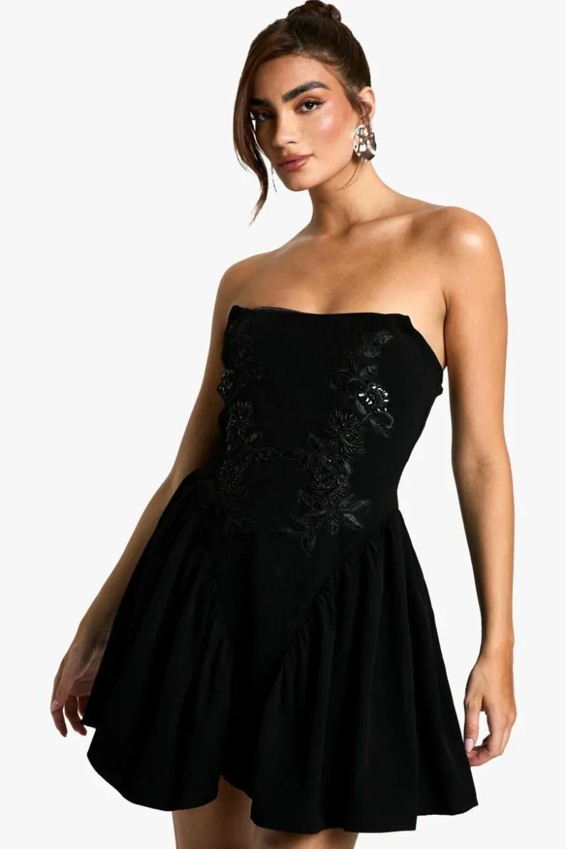 Skater Dresses|Mini Dresses*boohoo Embellished Woven Crepe Mini Skater Dress black