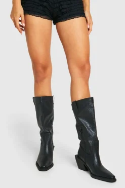 Knee High Boots|Cowboy Boots*boohoo Embossed Pointed Western Knee High Boots black