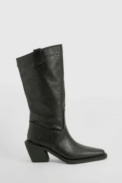 Knee High Boots|Cowboy Boots*boohoo Embossed Pointed Western Knee High Boots black