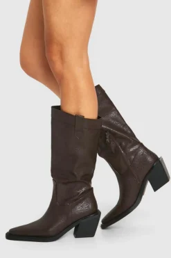 Knee High Boots|Cowboy Boots*boohoo Embossed Pointed Western Knee High Boots brown