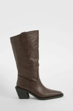 Knee High Boots|Cowboy Boots*boohoo Embossed Pointed Western Knee High Boots brown