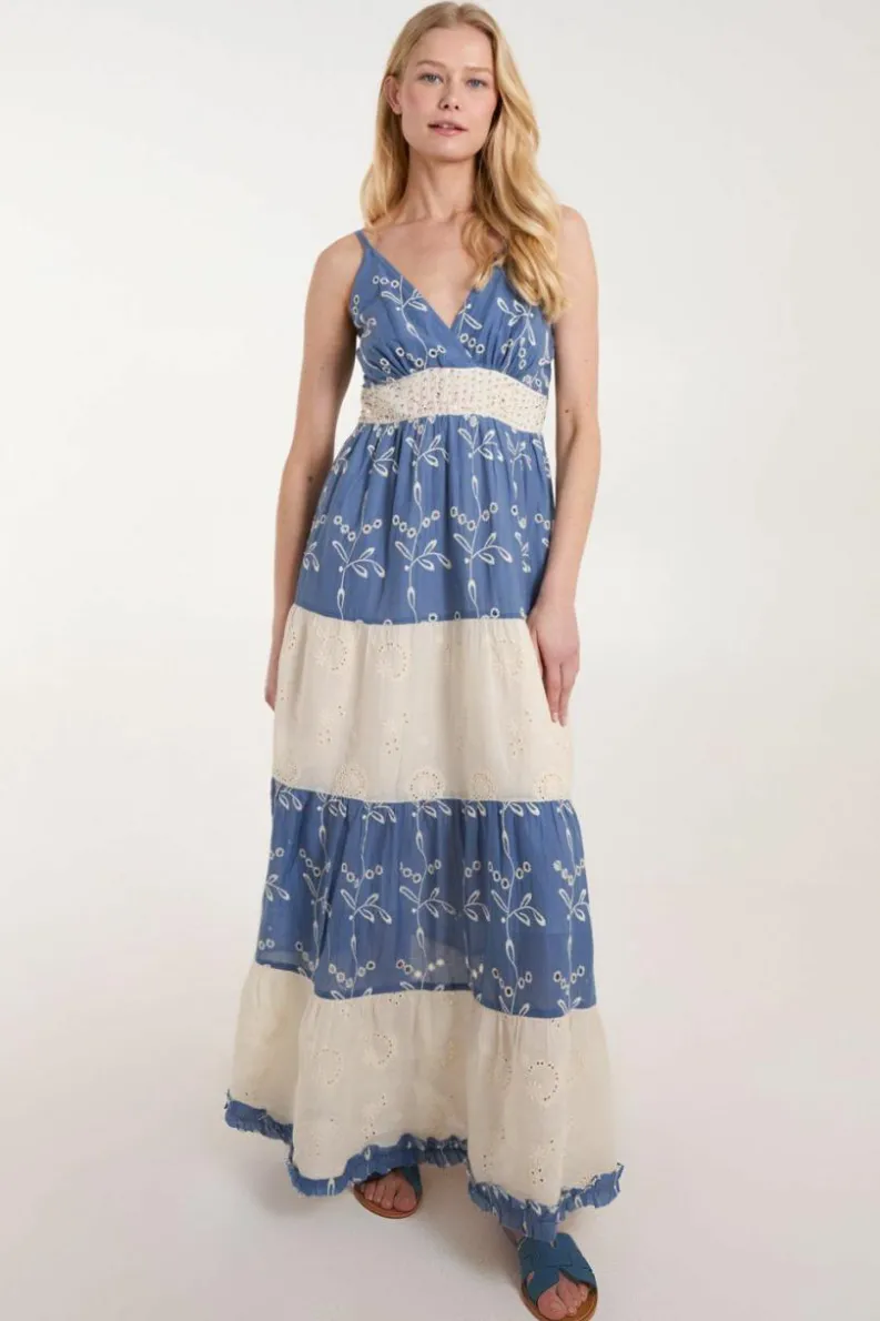 Cami Dresses*Blue Vanilla Embroidered Block Out Stripe Cami Dress Blue