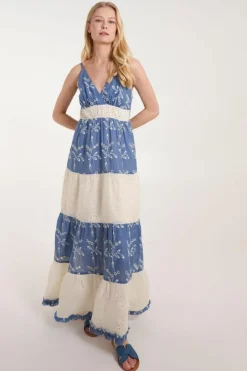 Cami Dresses*Blue Vanilla Embroidered Block Out Stripe Cami Dress Blue