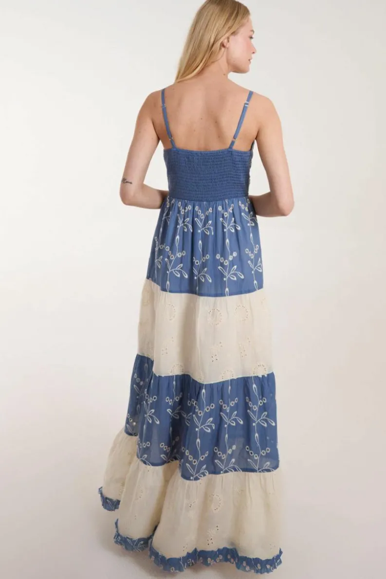 Cami Dresses*Blue Vanilla Embroidered Block Out Stripe Cami Dress Blue