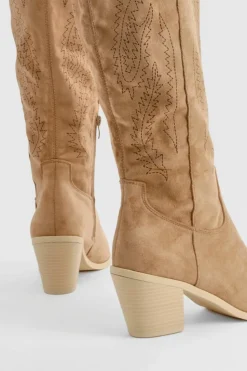 Calf High Boots|Cowboy Boots*boohoo Embroidered Calf High Western Boots camel
