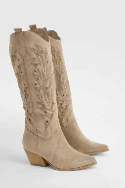 Cowboy Boots|All Boots*boohoo Embroidered Cut Knee High Western Boots taupe