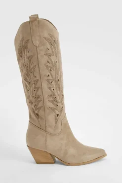 Cowboy Boots|All Boots*boohoo Embroidered Cut Knee High Western Boots taupe