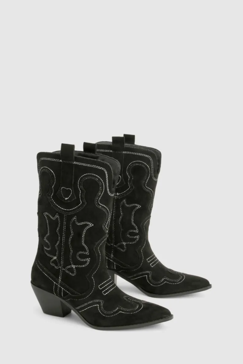 Cowboy Boots|Ankle Boots*boohoo Embroidered Detail Western Cowboy Ankle Boots black