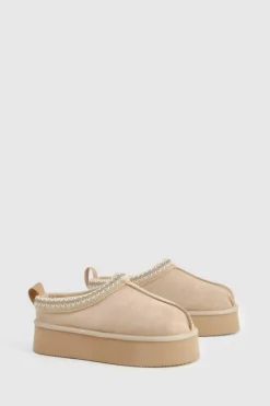 Flats*boohoo Embroidered Detailing Platform Slip On Faux Fur Lined Mules mocha