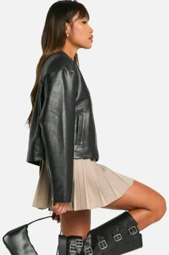 Up To 80% Off Winter Warmers|Biker Jackets*boohoo Embroidered Faux Leather Moto Jacket black