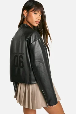 Up To 80% Off Winter Warmers|Biker Jackets*boohoo Embroidered Faux Leather Moto Jacket black