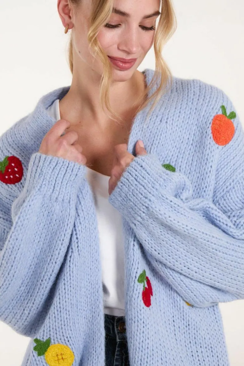 Cardigans*Blue Vanilla Embroidered Fruit Cardigan Blue
