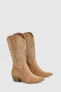 Knee High Boots|Cowboy Boots*boohoo Embroidered Knee High Western Boots camel