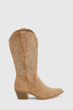 Knee High Boots|Cowboy Boots*boohoo Embroidered Knee High Western Boots camel