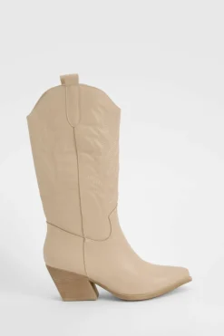 Knee High Boots|Cowboy Boots*boohoo Embroidered Knee High Western Boots taupe