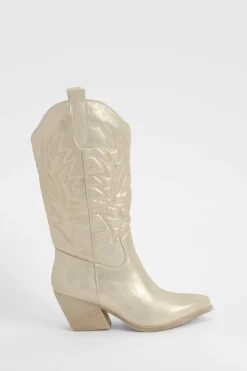 Knee High Boots|Cowboy Boots*boohoo Embroidered Knee High Western Boots gold
