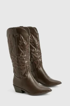 Knee High Boots|Cowboy Boots*boohoo Embroidered Knee High Western Boots brown