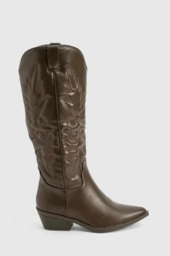 Knee High Boots|Cowboy Boots*boohoo Embroidered Knee High Western Boots brown