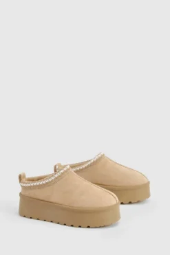 Cosy Boots*boohoo Embroidered Platform Cosy Mules sand